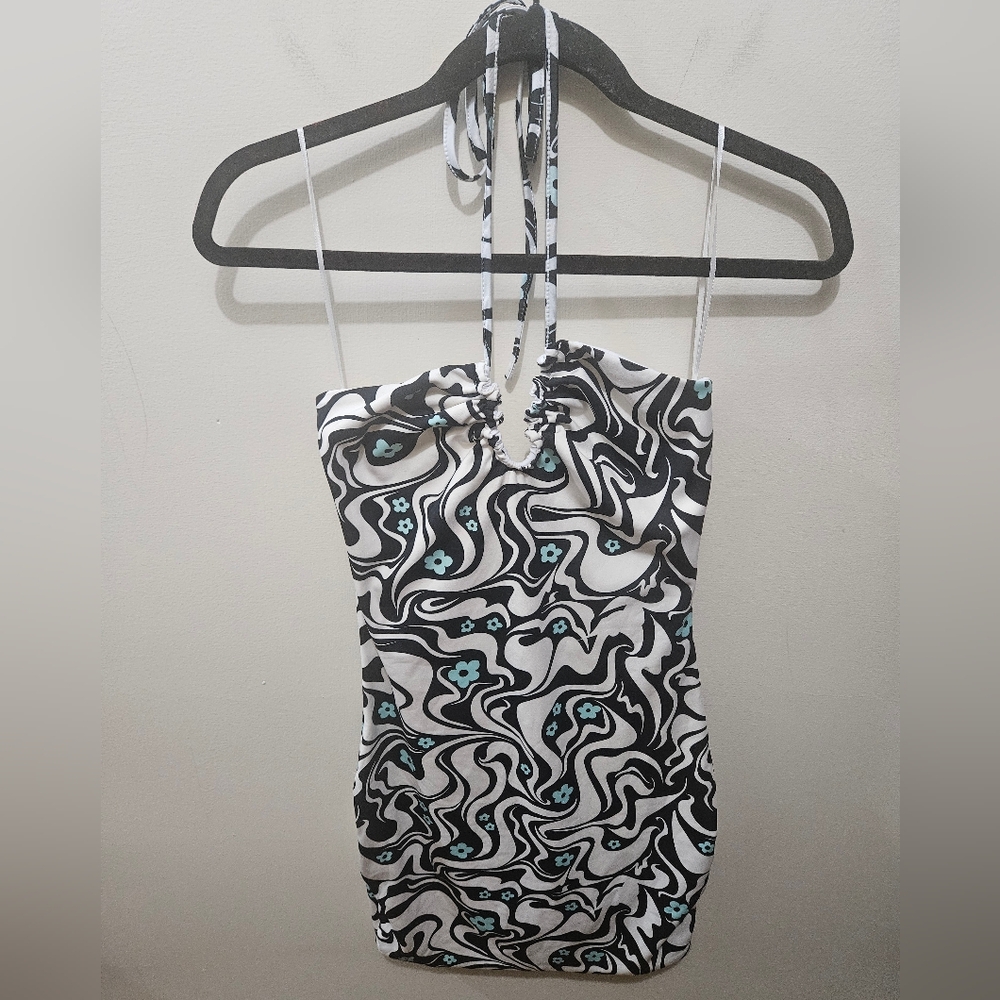 Cotton On White Floral Bodycon Gathered Halter Mini Dress Small Vacation Beach
